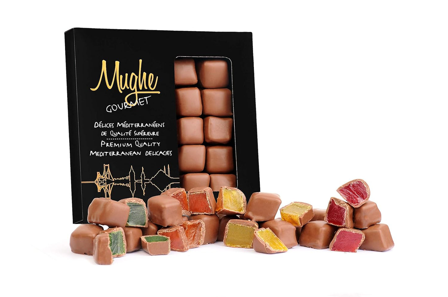 Mughe Gourmet squisita confezione regalo di delizie turche miste al gusto di frutta ricoperta di cioccolato - Rosa, fragola, limone, arancia, menta - 300 g | 10,6 once | 30 delizie Lokum