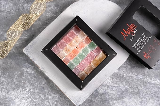 Mughe Gourmet Elegante confezione regalo di caramelle Turkish Delight - 7 once | 200 g| 20pz - Lokum vegano halal con sapori di frutta squisiti: rosa, fragola, limone, arancia, menta - Perfetto per occasioni speciali, Natale, regali di Halloween