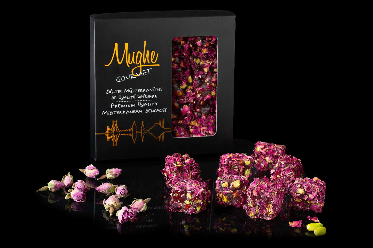Lokum Turkish Delight vegano e senza glutine: vero petalo di rosa ricoperto (360 g-13 once) | Al gusto di pistacchio e melograno