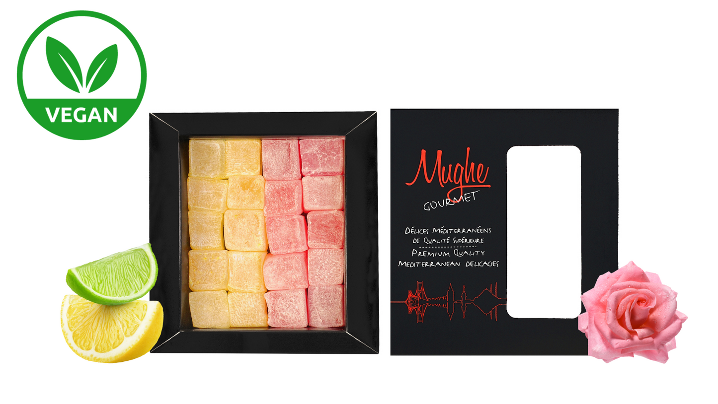 Mughe Gourmet Vegan Turkish Delight 200g (7 oz) Scatola di caramelle Lokum al gusto di rosa e limone (20 pezzi)