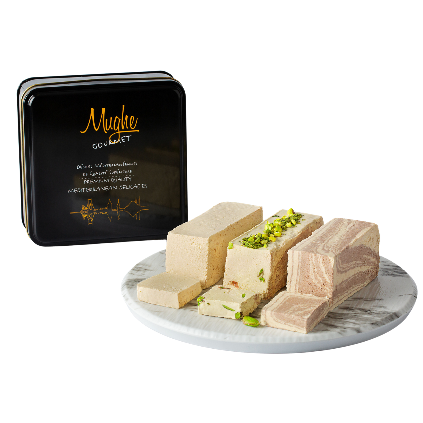 
                  
                    Mughe Gourmet Tahini Halva Gift Box (3 Flavors) - Pistachio, Cocoa, Vanilla - 1.88lb (850g) Dessert Bars
                  
                