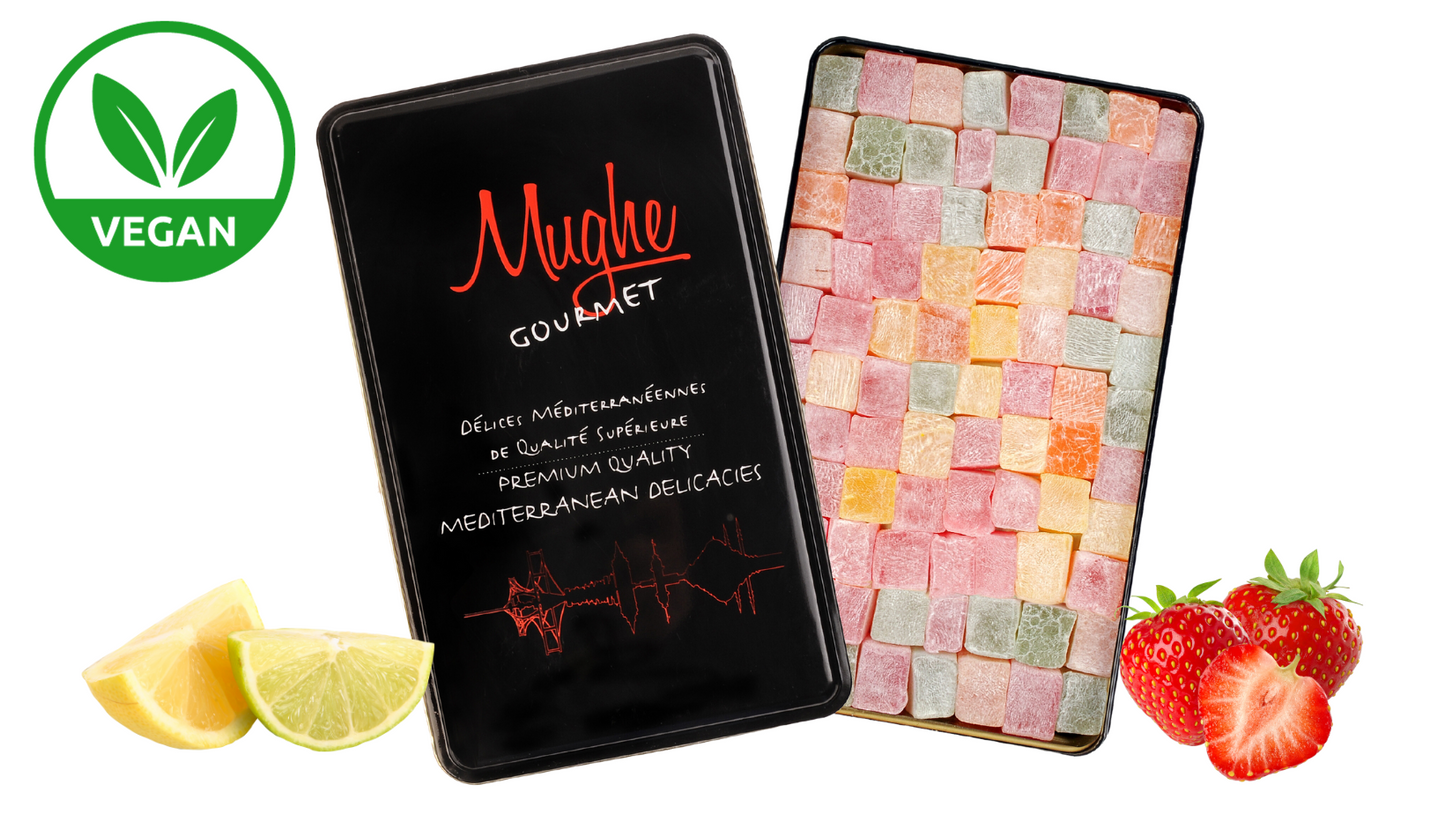 Mughe Lokum Turkish Delight - Dolci al gusto di frutta mista, confezione regalo da 750 g (26,46 oz), assortimento di caramelle senza noci - Dolci vegani e senza glutine