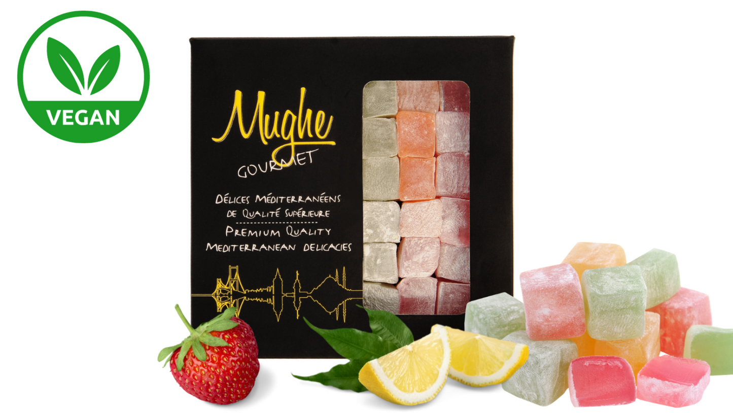 Confezione regalo di caramelle Mughe Lokum Turkish Delight - 13,05 once-370 g-40 pezzi - Gusti di frutta vegan halal rosa, fragola, limone, arancia, menta - Regali per occasioni speciali