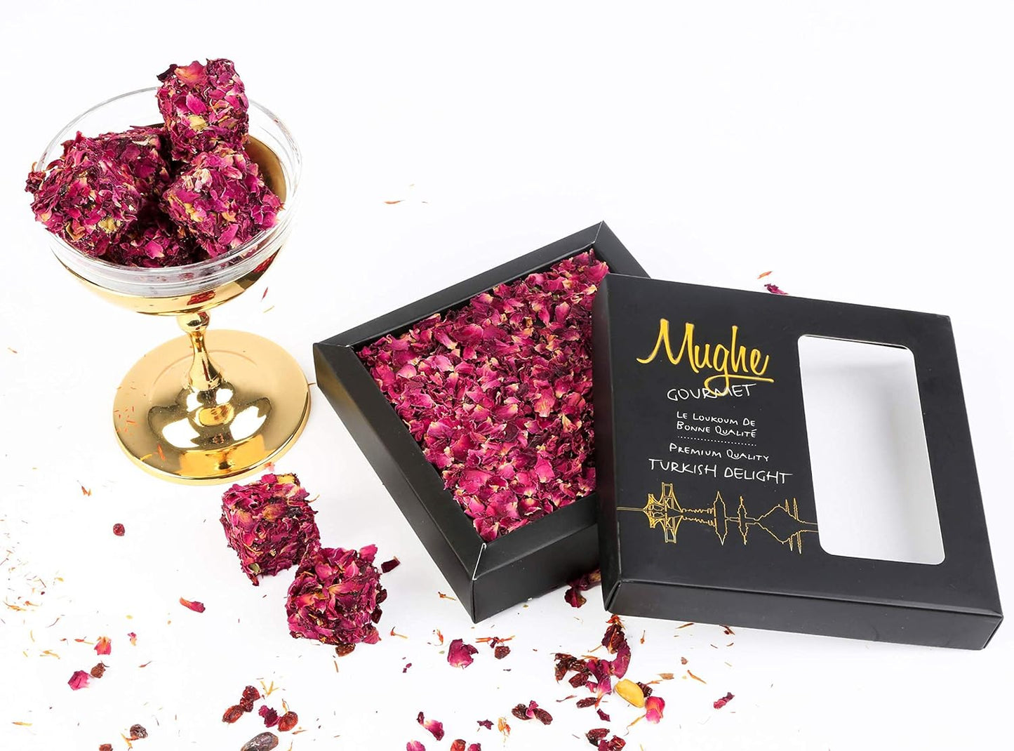 
                  
                    فرحة لوكوم التركية نباتية وخالية من الغلوتين: بتلات الورد الحقيقية مغطاة (360 جم ​​- 13 أونصة) | مرصع بالفستق ونكهة الرمان
                  
                