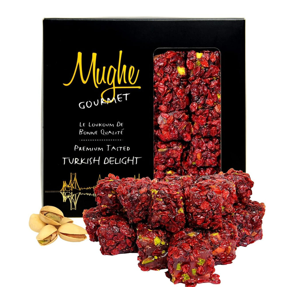
                  
                    Mughe Sour & Sweet Turkish Delight Candy, Barberry Covered, Pomegranate & Pistachio Lokum 360g-13oz | Vegan & Gluten-Free
                  
                