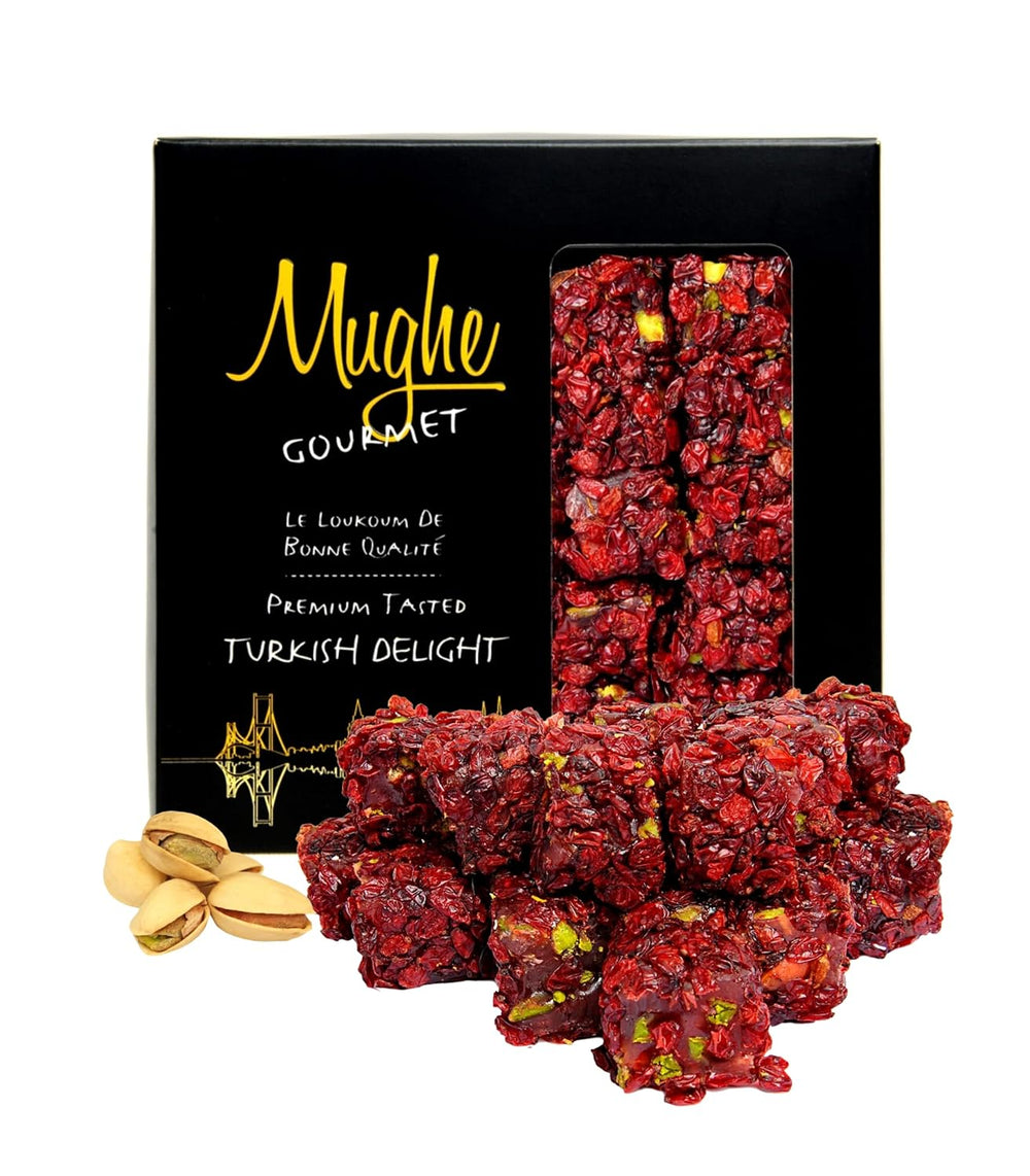 Mughe Sour & Sweet Turkish Delight Candy, Barberry Covered, Pomegranate & Pistachio Lokum 360g-13oz | Vegan & Gluten-Free