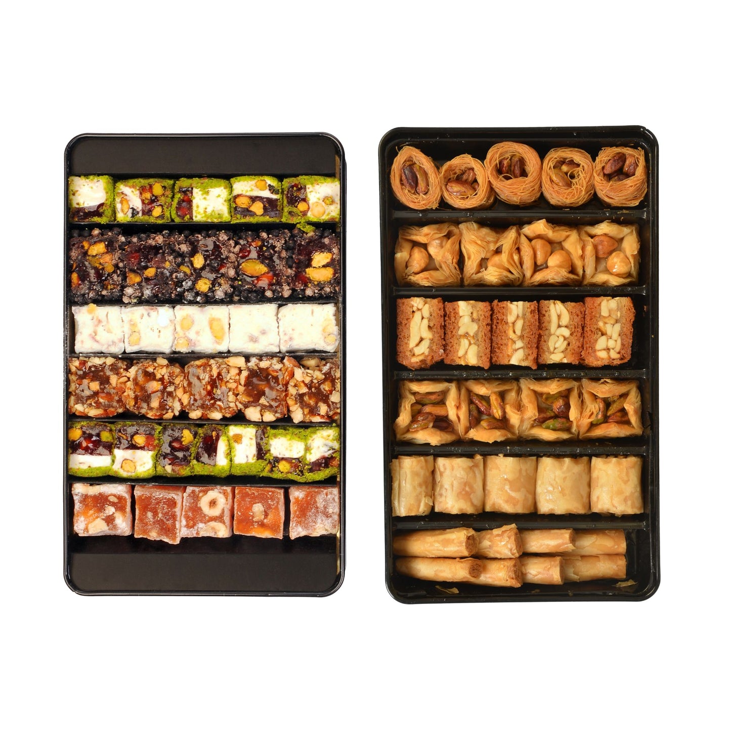 Two black trays filled with assorted sweet pastries and baklava pieces, photographed on a plain white background.