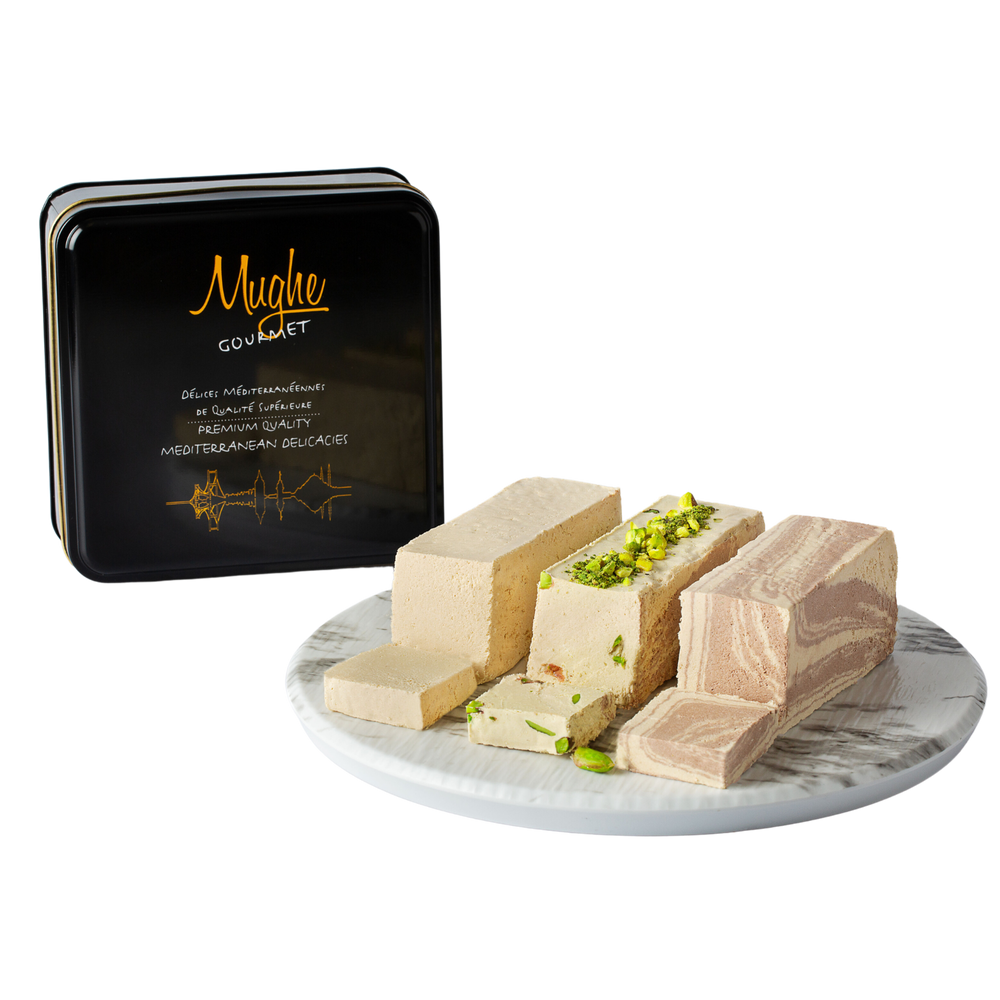 Mughe Gourmet Tahini Halva Gift Box (3 Flavors) - Pistachio, Cocoa, Vanilla - 1.88lb (850g) Dessert Bars