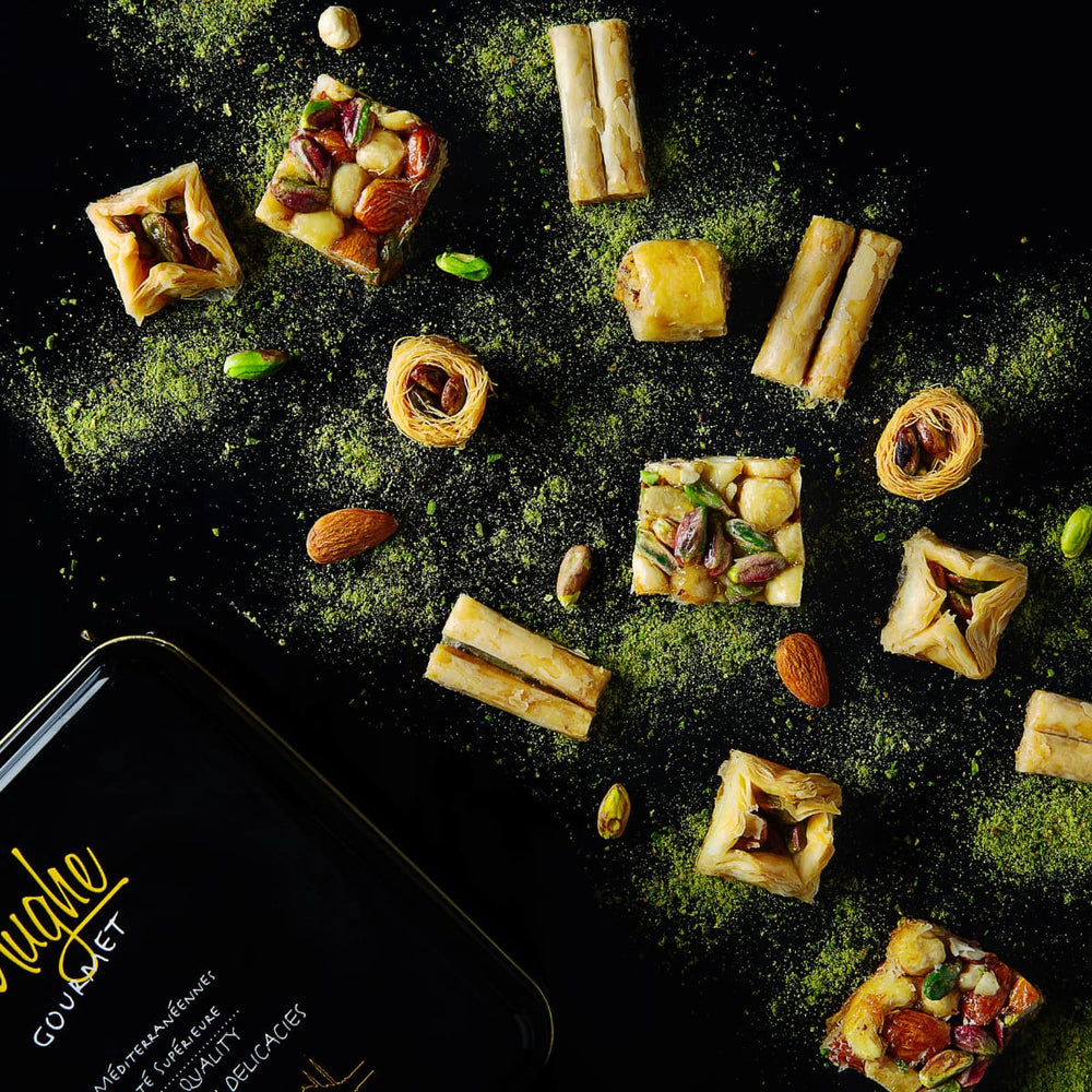 Authentic Turkish Baklava made with thin layers of Phyllo Dough in a festive gift box, Unique Christmas Gift Idea