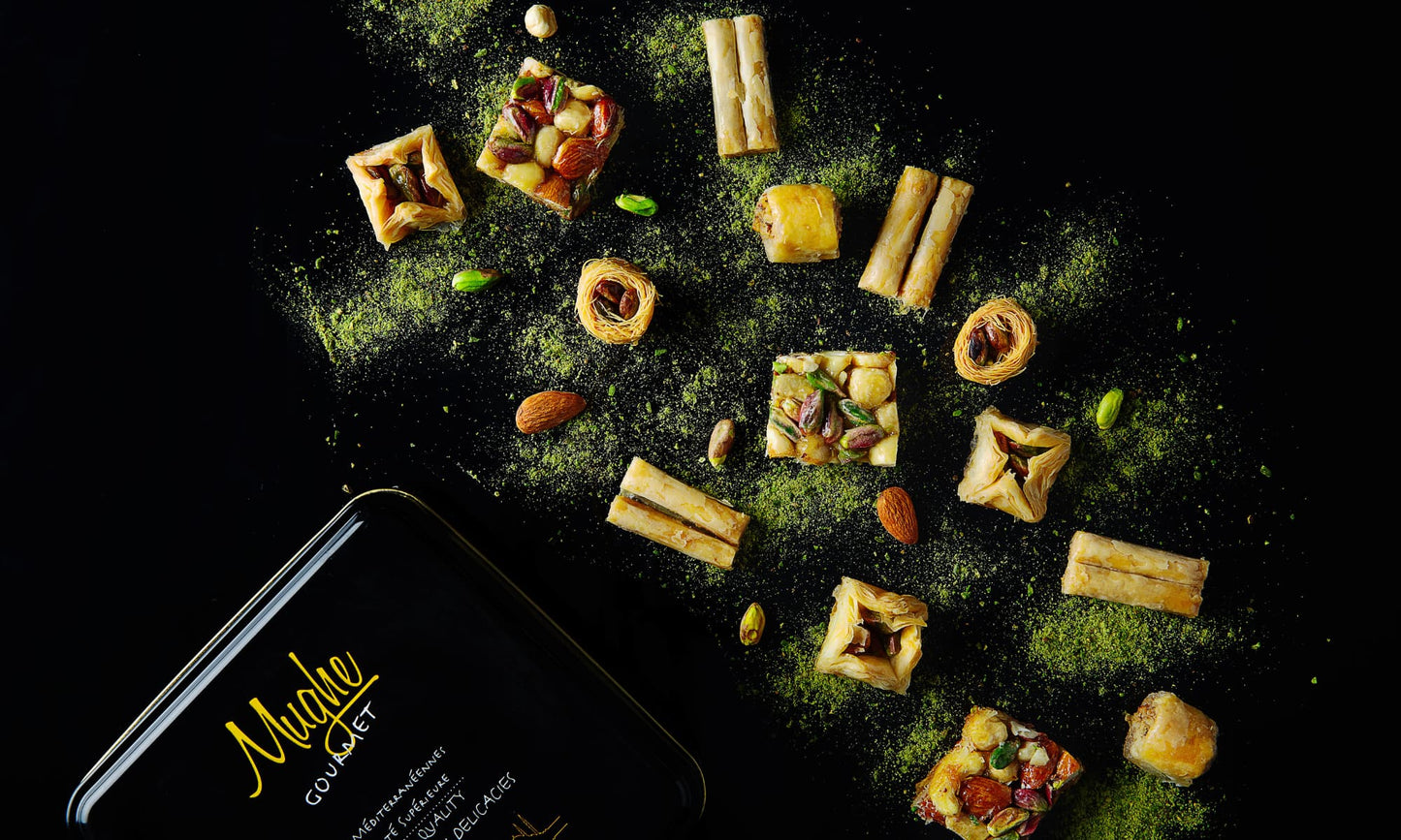 Authentic Turkish Baklava made with thin layers of Phyllo Dough in a festive gift box, Unique Christmas Gift Idea