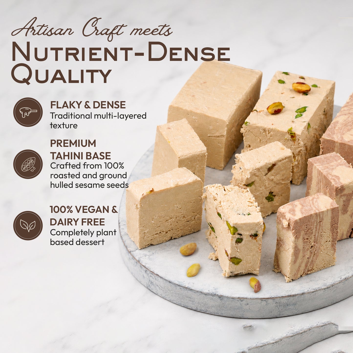 
                  
                    Luxury Tahini Halvah - Assortimento di 3 barrette Halva vegane in marmo (pistacchio, cacao, vaniglia) 850 g (1,88 libbre) Mughe Gourmet Halvah Confezione regalo in latta - Flaky Tahini Halawa
                  
                