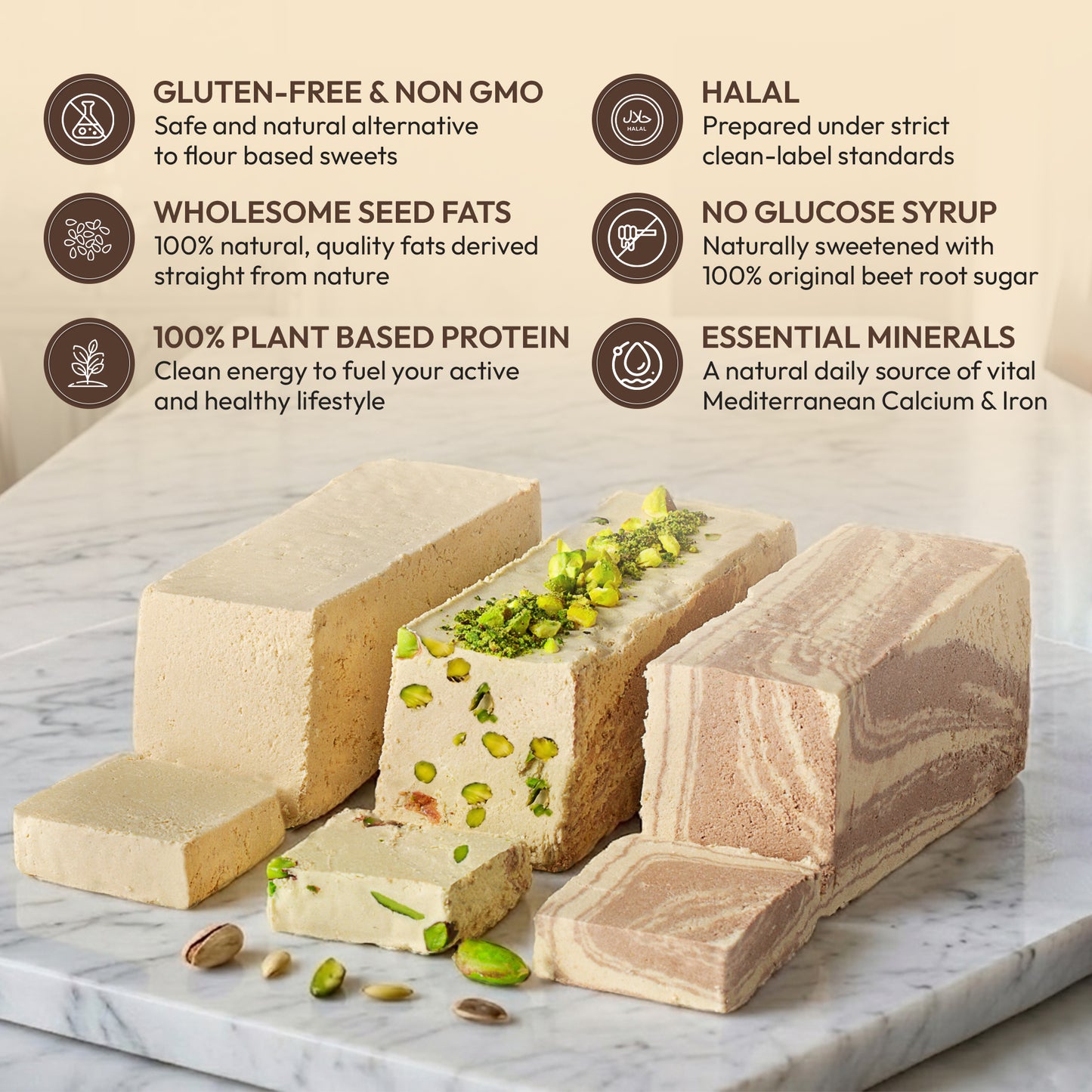 
                  
                    Luxury Tahini Halvah - Assortimento di 3 barrette Halva vegane in marmo (pistacchio, cacao, vaniglia) 850 g (1,88 libbre) Mughe Gourmet Halvah Confezione regalo in latta - Flaky Tahini Halawa
                  
                
