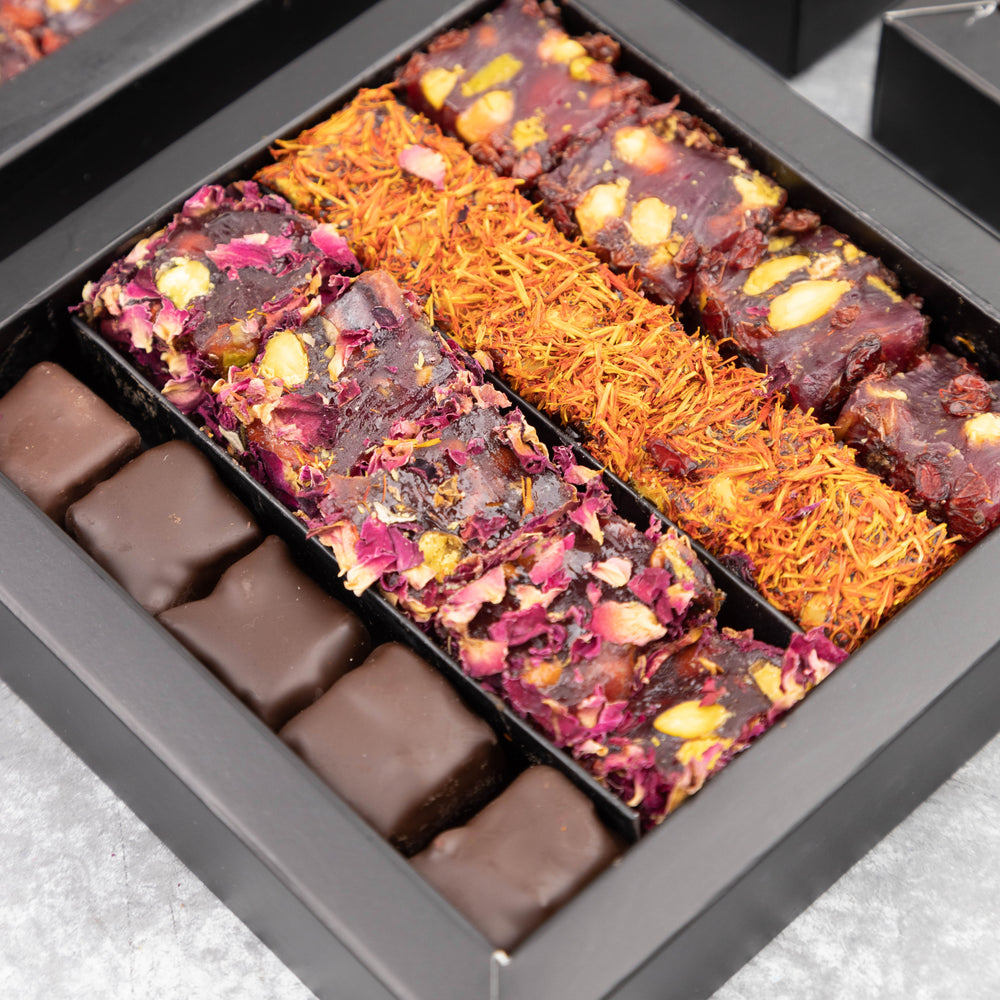 
                  
                    Mughe Gourmet Assorted Lokum Gift Box (360g - 13Oz): Luxurious Rose, Saffron, Pomegranate, & Dark Chocolate Turkish Delights
                  
                
