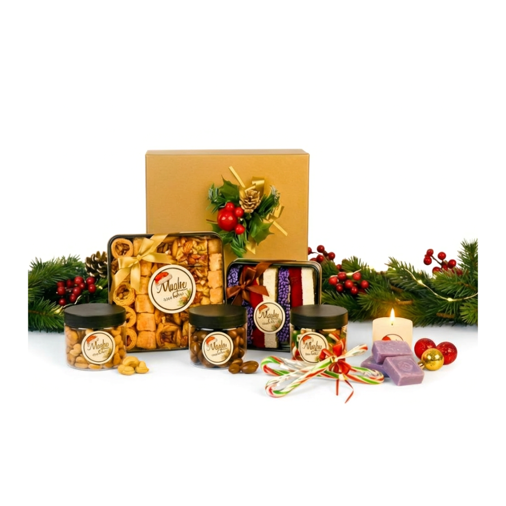 Mughe Gourmet Christmas gift box with Turkish delight, baklava, mixed nuts, chocolate almond dragee, festive candies, handmade soaps, and a scented candle—luxury holiday hamper with international delivery.
