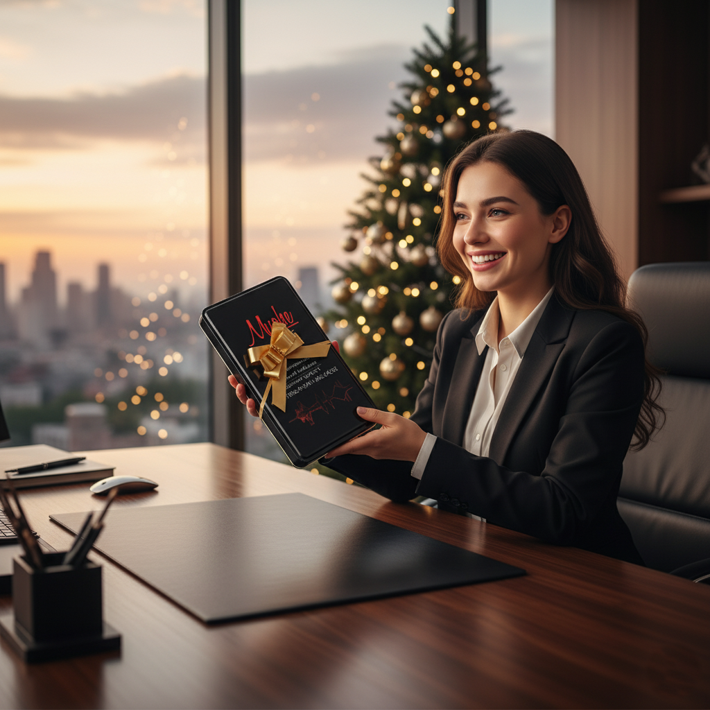 Woman holding a gift box in an office with a Christmas tree in the background