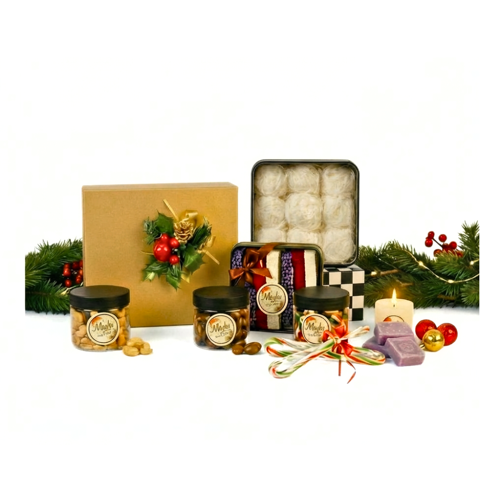 Mughe Gourmet Christmas gift set hamper with Turkish baklava, pişmaniye cotton candy, Turkish delight, mixed nuts, chocolate almond dragee, candy canes, handmade soaps, and a scented candle—luxury holiday gifting collection.