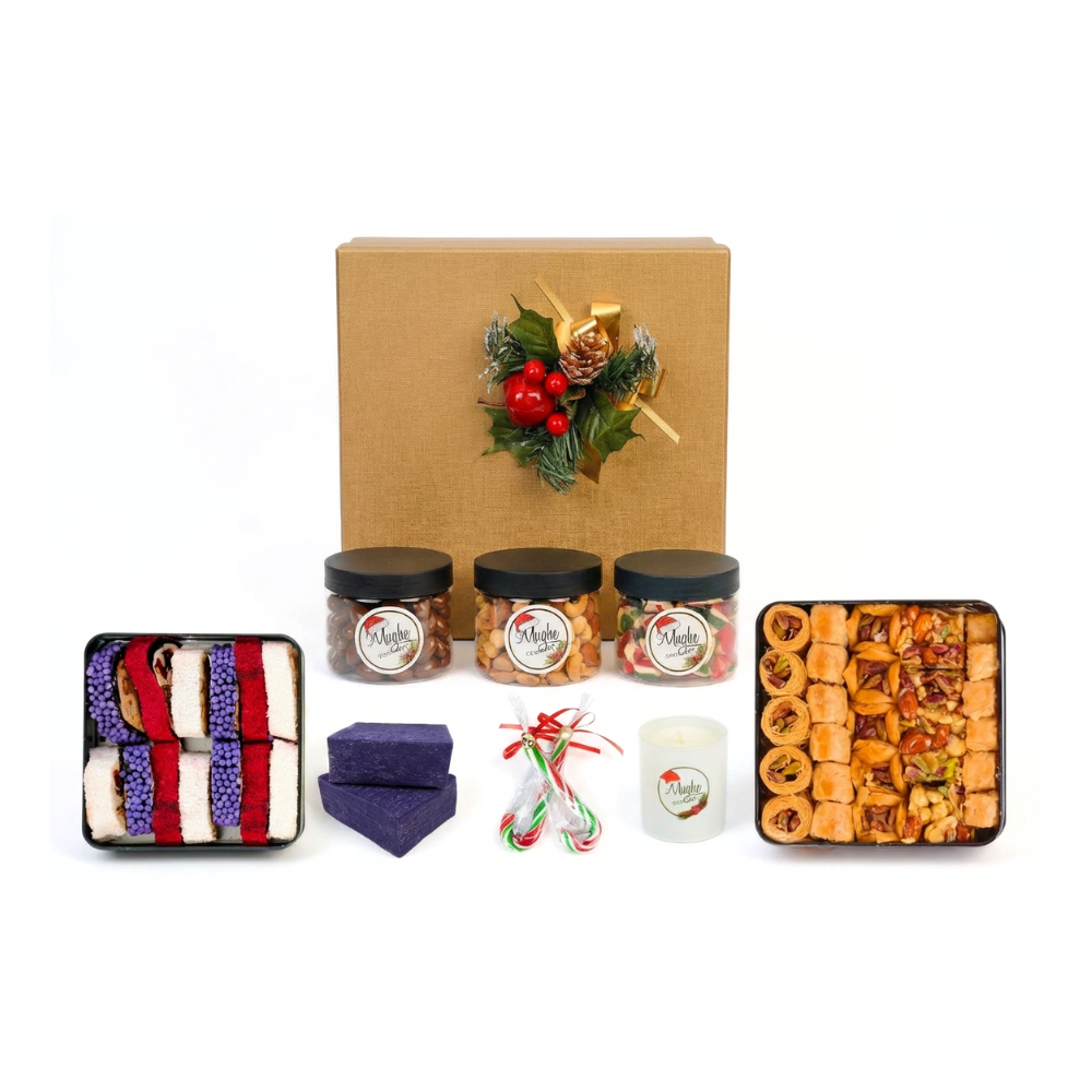 Premium Christmas gift box by Mughe Gourmet featuring Turkish baklava, Turkish delight, mixed nuts, chocolate almond dragee, candies, handmade soaps, and a scented candle. Ideal for global gifting with worldwide shipping