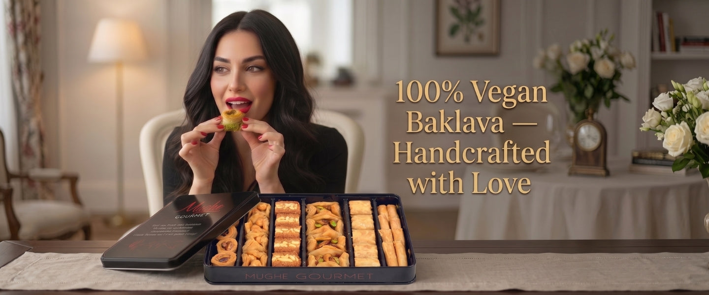 A woman holds a baked baklava piece in front of an open black tray filled with golden-brown rectangular pastries, with overlaid text reading '100% Vegan Baklava — Handcrafted with Love' in a softly lit indoor setting.